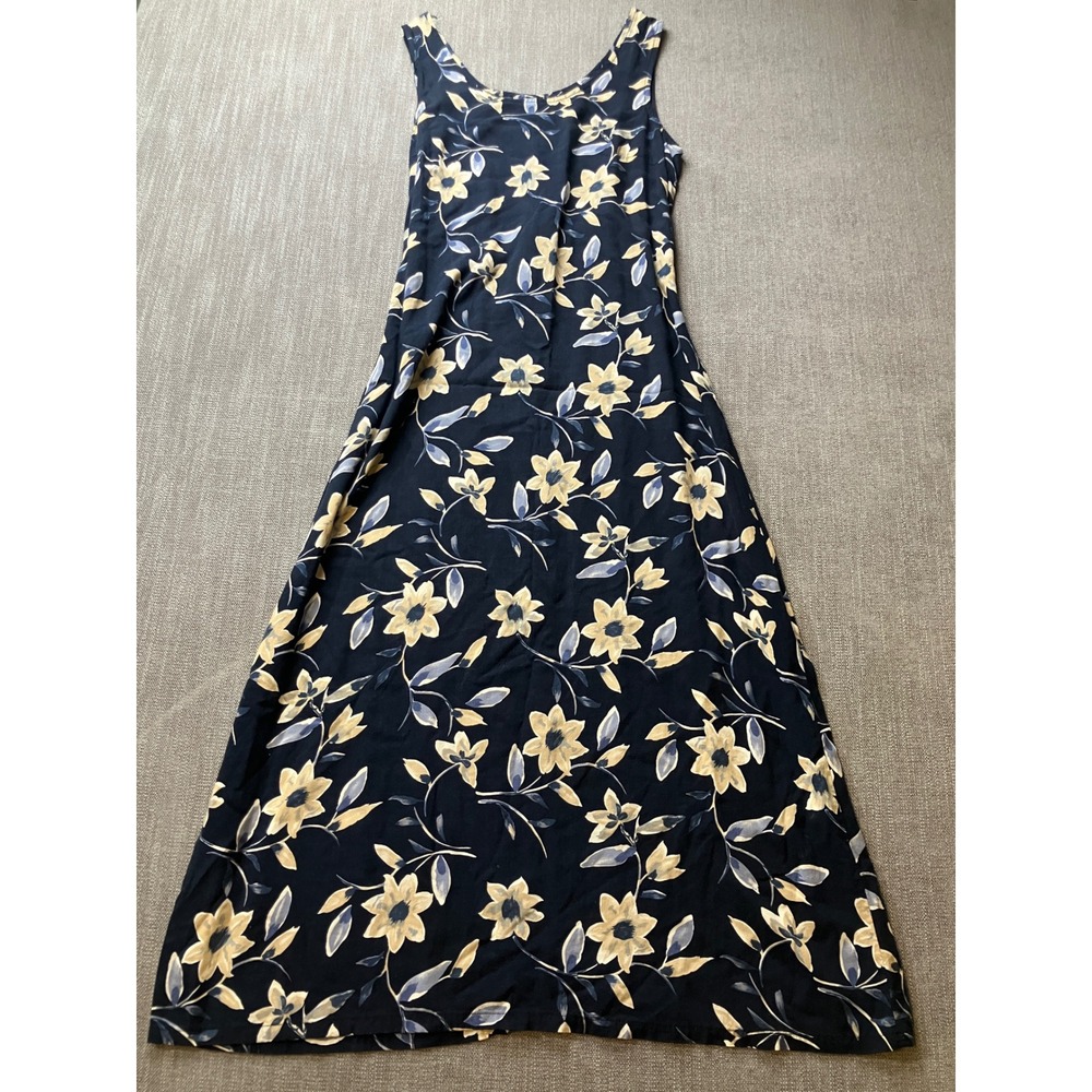 100% Cotton Vintage Navy Floral‎ Sleeveless Maxi Dress Size 9/10 Pellini